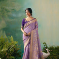  Lavender Banarasi Silk Saree Embroidered Purple Blouse 