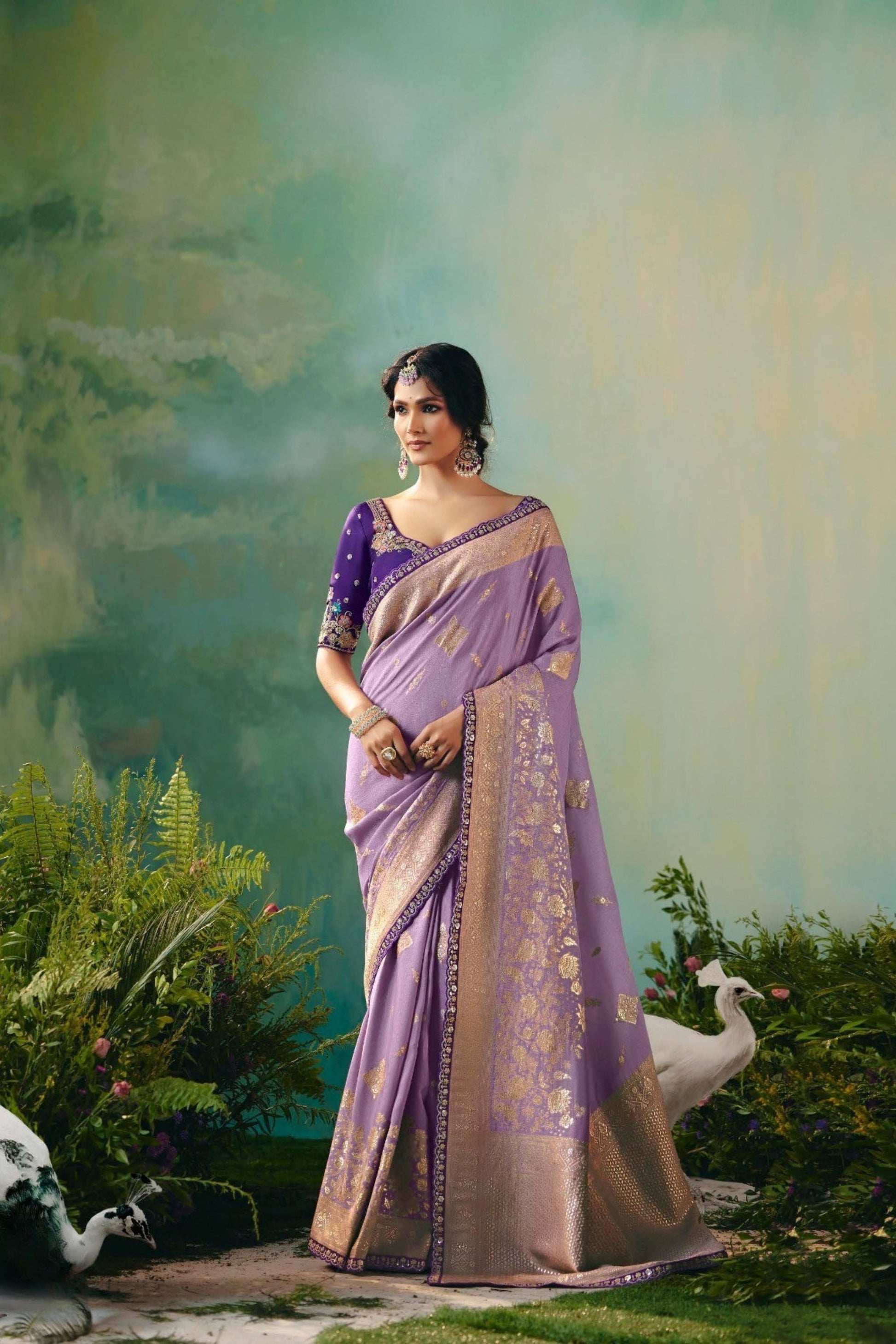  Lavender Banarasi Silk Saree Embroidered Purple Blouse 