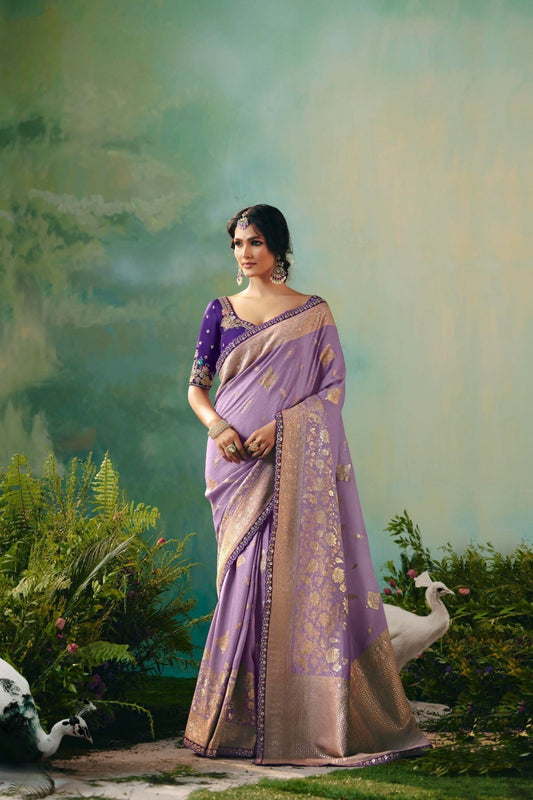  Lavender Banarasi Silk Saree Embroidered Purple Blouse 