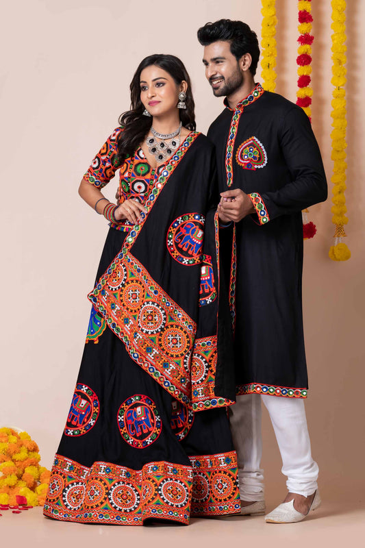 Couple Black Gujarati Embroidered Navratri Chaniya Choli and Kurta Set with Mirror Work