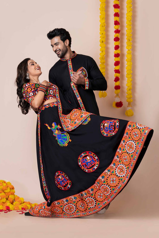 Couple Black Gujarati Embroidered Navratri Chaniya Choli and Kurta Set with Mirror Work