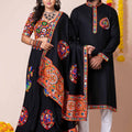 Couple Black Gujarati Embroidered Navratri Chaniya Choli and Kurta Set with Mirror Work