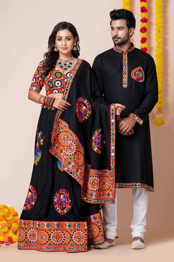 Couple Black Gujarati Embroidered Navratri Chaniya Choli and Kurta Set with Mirror Work