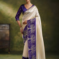 Exquisite Cream Organza Tissue Silk Saree Floral Motifs Embroidery for Women
