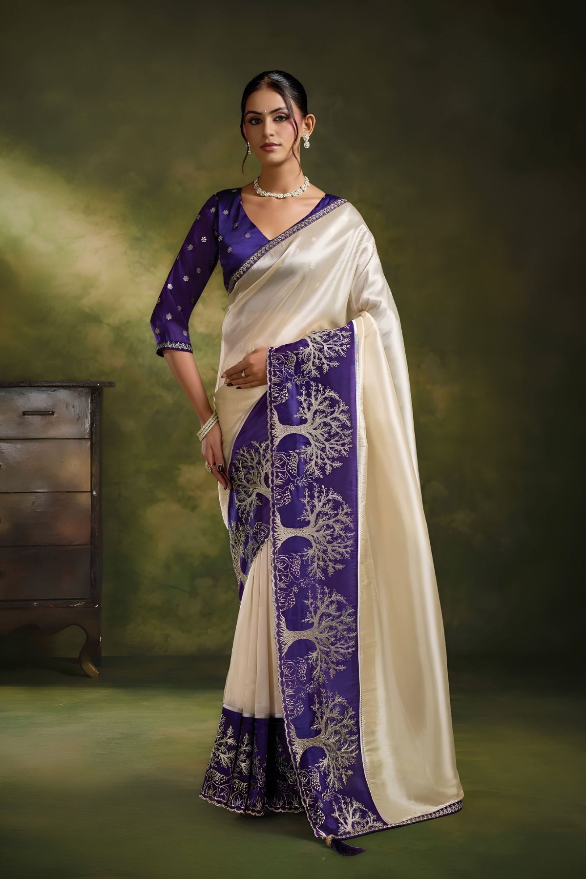 Exquisite Cream Organza Tissue Silk Saree Floral Motifs Embroidery for Women