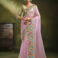 Captivating Light Pink Organza Tissue Silk Saree Floral Motifs Embroidery for Women