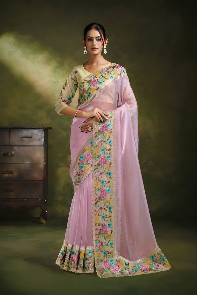 Captivating Light Pink Organza Tissue Silk Saree Floral Motifs Embroidery for Women