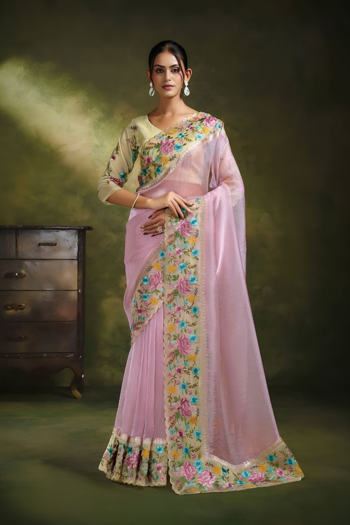 Captivating Light Pink Organza Tissue Silk Saree Floral Motifs Embroidery for Women