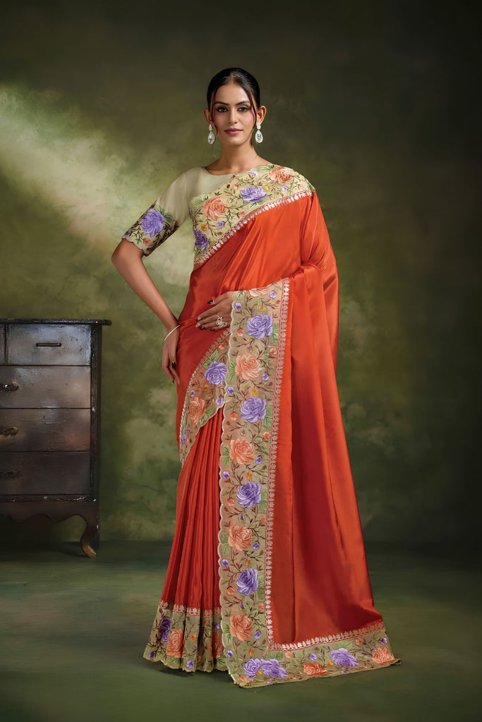 Vibrant Rust Orange Organza Tissue Silk Saree with Embroidery for Women