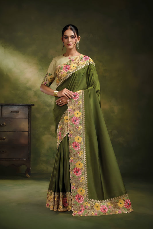 Elegant Olive Green Organza Tissue Silk Saree with Floral Motifs Embroidery for Women