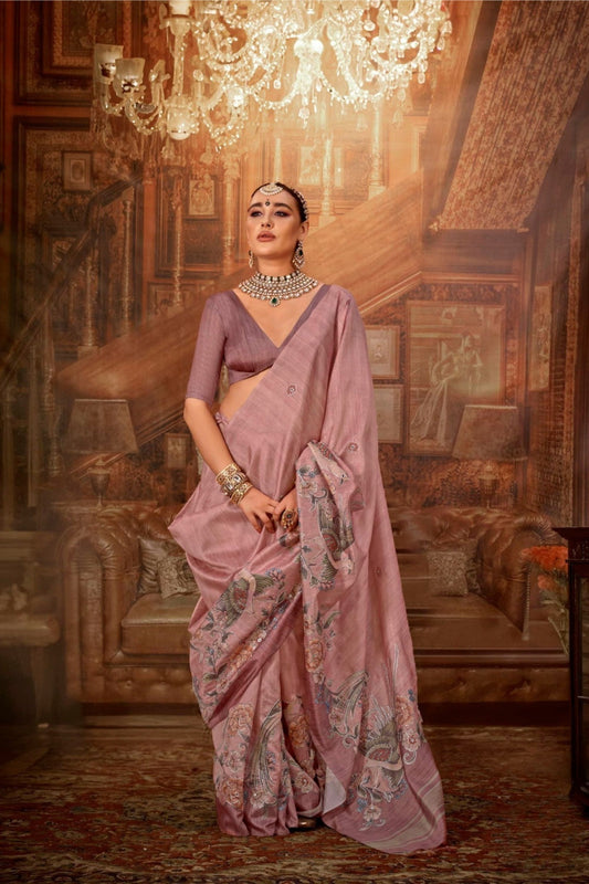 Dusty Rose Pink Silk Saree with Floral Embroidery Saree with Blouse