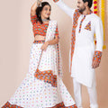 Couple White Gujarati Embroidered Navratri Chaniya Choli and Kurta Set with Mirror Work