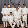 Elegant Off-White Art Silk Thread Work Wedding Indo Western Suit for Men