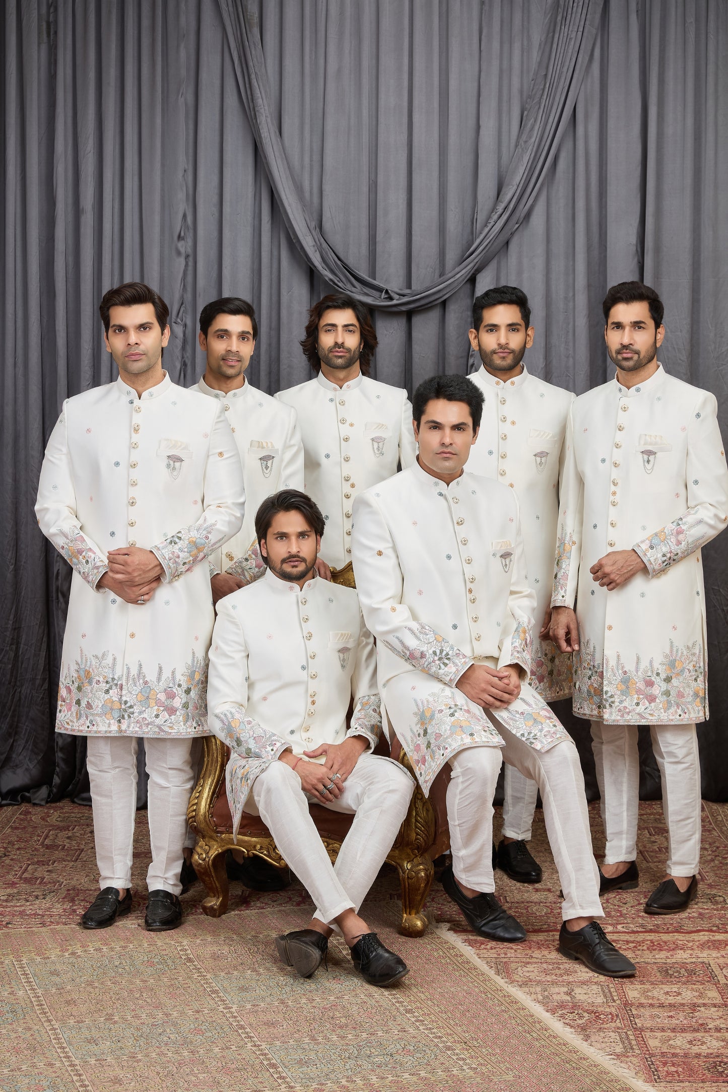 Elegant Off-White Art Silk Thread Work Wedding Indo Western Suit for Men