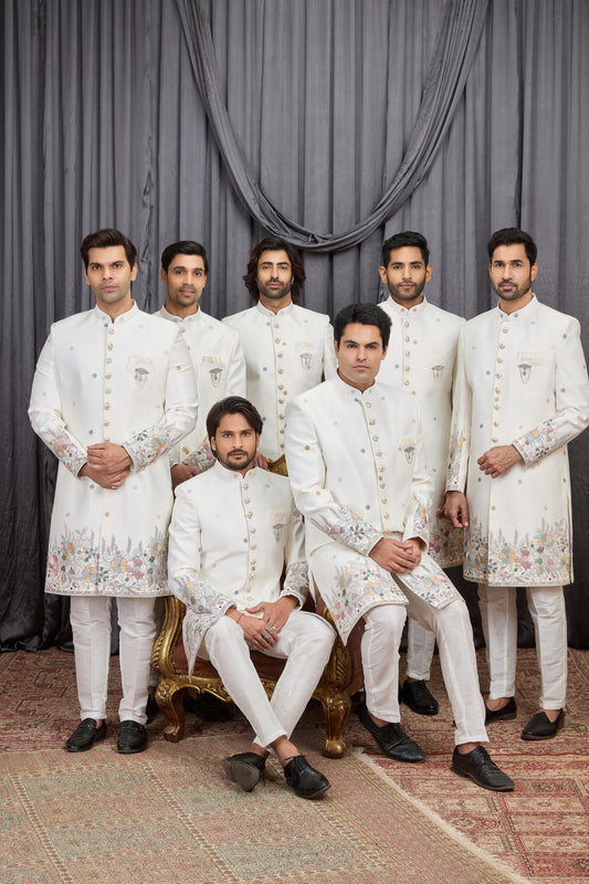 Elegant Off-White Art Silk Thread Work Wedding Indo Western Suit for Men
