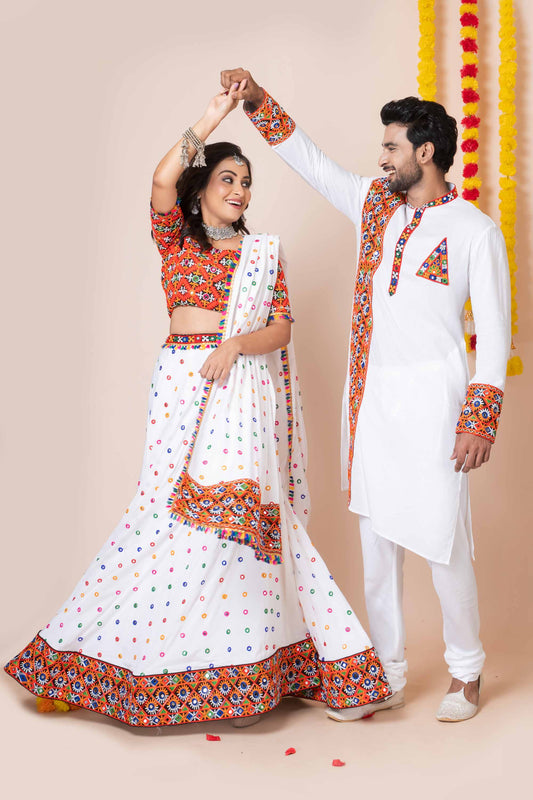 Couple White Gujarati Embroidered Navratri Chaniya Choli and Kurta Set with Mirror Work