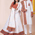 Couple White Gujarati Embroidered Navratri Chaniya Choli and Kurta Set with Mirror Work