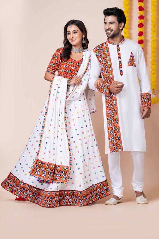 Couple White Gujarati Embroidered Navratri Chaniya Choli and Kurta Set with Mirror Work