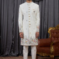 Elegant Off-White Art Silk Thread Work Wedding Indo Western Suit for Men
