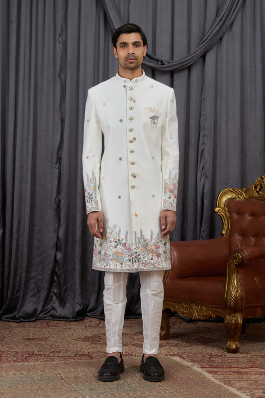 Elegant Off-White Art Silk Thread Work Wedding Indo Western Suit for Men