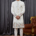 Elegant Off-White Art Silk Thread Work Wedding Indo Western Suit for Men