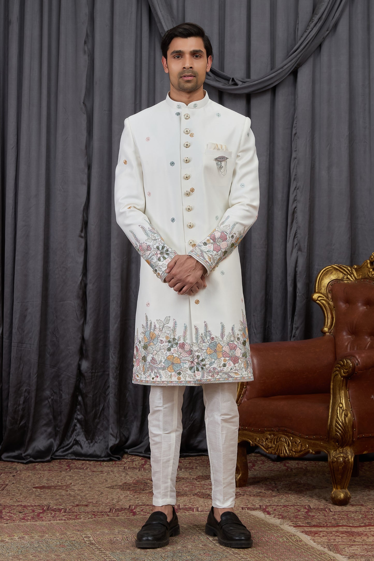 Elegant Off-White Art Silk Thread Work Wedding Indo Western Suit for Men