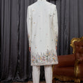 Elegant Off-White Art Silk Thread Work Wedding Indo Western Suit for Men