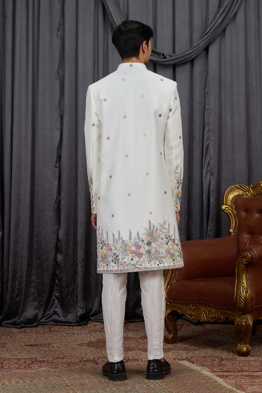 Elegant Off-White Art Silk Thread Work Wedding Indo Western Suit for Men