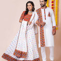 Couple White Gujarati Embroidered Navratri Chaniya Choli and Kurta Set with Mirror Work