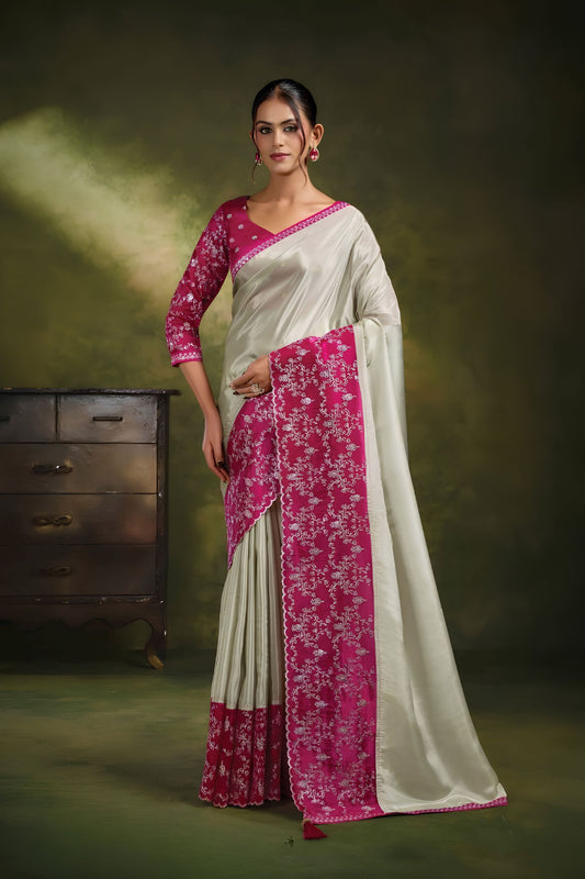 Captivating Cream Organza Net Silk Saree Embroidery for Women