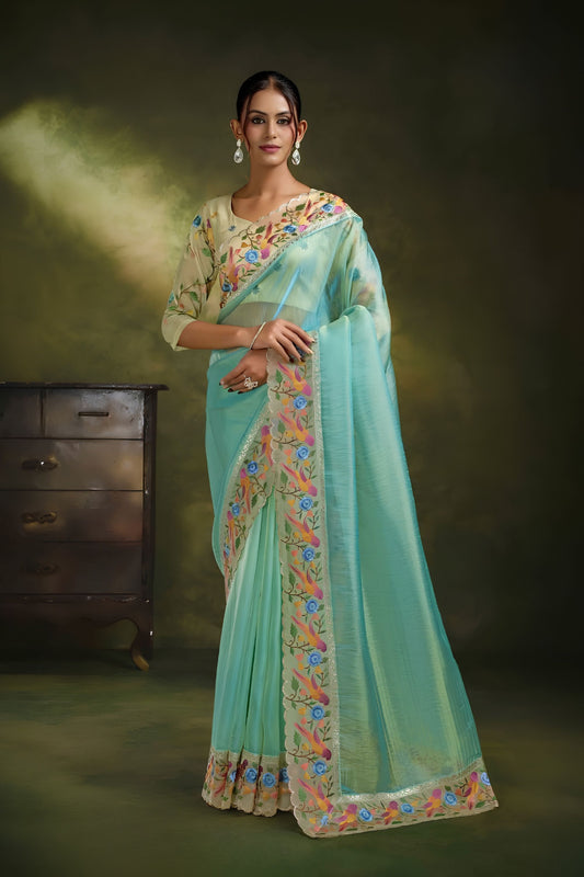 Radiant Aqua Blue Organza Net Saree Embroidery for Women