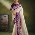 Exquisite Cream Organza Net Saree Embroidery for Women