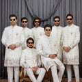 Elegant Off-White Art Silk Thread Work Wedding Indo Western Suit for Men