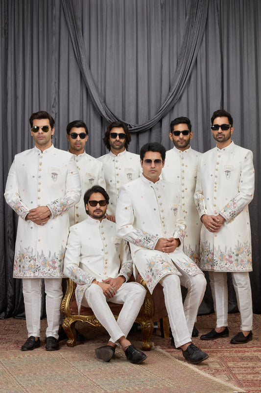 Elegant Off-White Art Silk Thread Work Wedding Indo Western Suit for Men