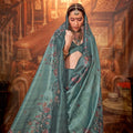 Sea Green Silk Saree with Floral Peacock Embroidery Saree