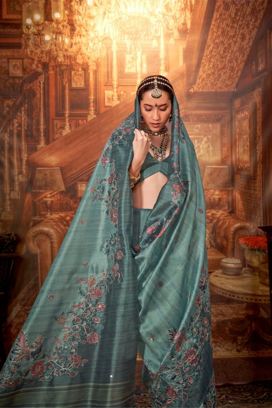 Sea Green Silk Saree with Floral Peacock Embroidery Saree