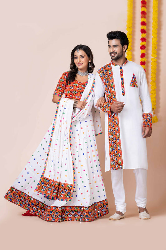 Couple White Gujarati Embroidered Navratri Chaniya Choli and Kurta Set with Mirror Work