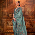 Sea Green Silk Saree with Floral Peacock Embroidery Saree