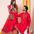 Couple Red Gujarati Embroidered Navratri Chaniya Choli and Kurta Set with Mirror Work