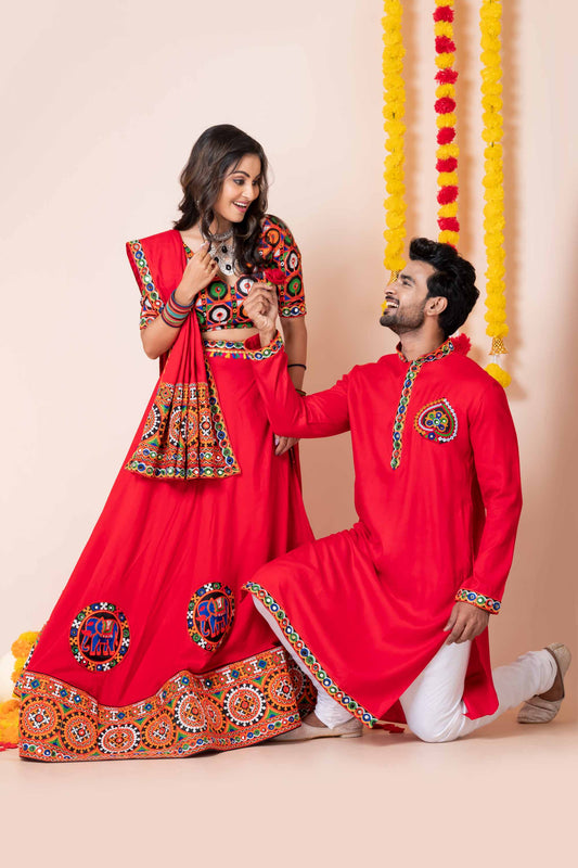 Couple Red Gujarati Embroidered Navratri Chaniya Choli and Kurta Set with Mirror Work