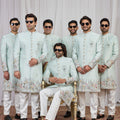 Stylish Sea Green Art Silk Thread Work Wedding Indo Western Suit for Men
