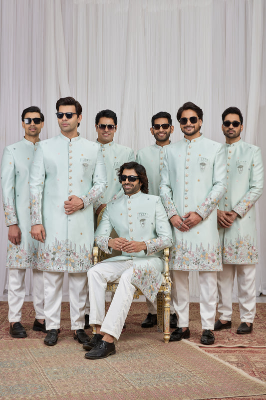 Stylish Sea Green Art Silk Thread Work Wedding Indo Western Suit for Men