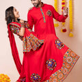 Couple Red Gujarati Embroidered Navratri Chaniya Choli and Kurta Set with Mirror Work