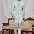 Stylish Sea Green Art Silk Thread Work Wedding Indo Western Suit for Men