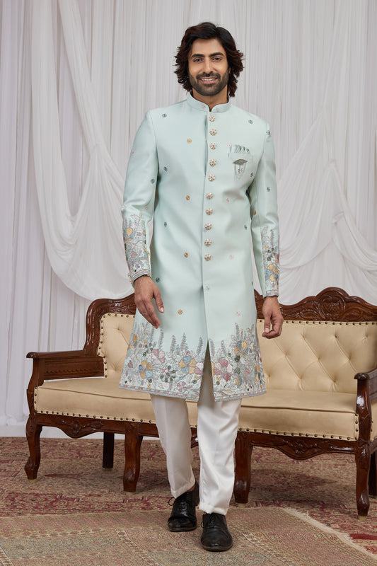 Stylish Sea Green Art Silk Thread Work Wedding Indo Western Suit for Men