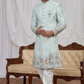 Stylish Sea Green Art Silk Thread Work Wedding Indo Western Suit for Men