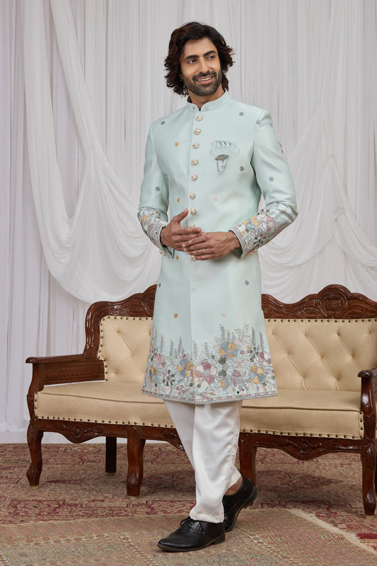 Stylish Sea Green Art Silk Thread Work Wedding Indo Western Suit for Men