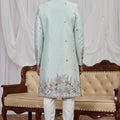 Stylish Sea Green Art Silk Thread Work Wedding Indo Western Suit for Men
