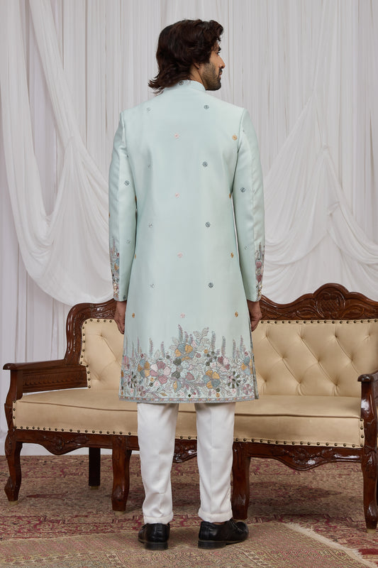 Stylish Sea Green Art Silk Thread Work Wedding Indo Western Suit for Men