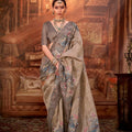 Cream Silk Saree with Floral Peacock Embroidery Saree with Blouse
